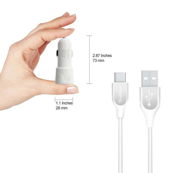 12W 2.4A Dual USB Travel Car charger With 5FT Type-C Charging Cable In White - Image 2