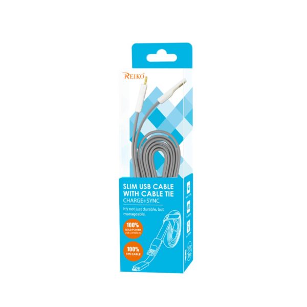 REIKO IPHONE 6 FLAT USB GOLD PLATED DATA CABLE 3.9FT WITH CABLE TIE IN GRAY - Image 3