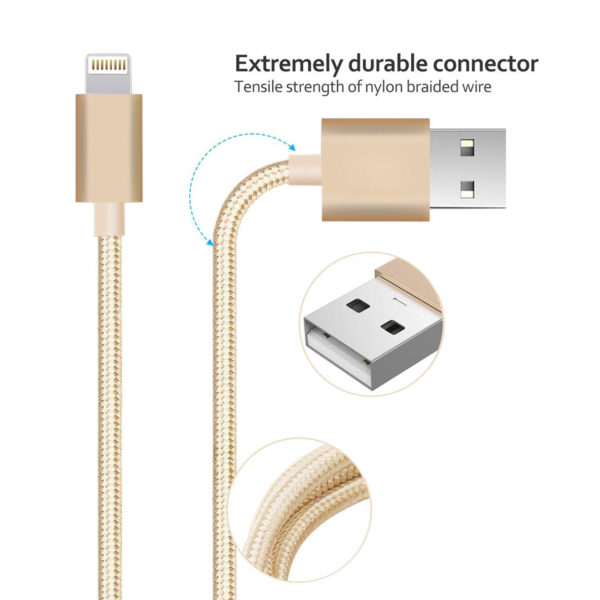 Reiko 3.3FT Metal Connector & Nylon Braided 8 PIN USB 2.0 Data Cable In Gold - Image 2
